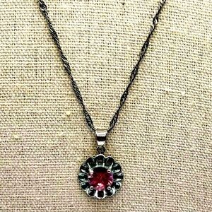 Vintage Sterling Silver Necklace With Faceted Pink Rhinestone Flower Pendant.